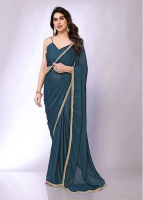Teal embellished pure georgette  saree with blouse piece 2