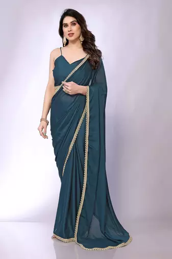 Teal embellished pure georgette  saree with blouse piece