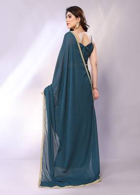 Teal embellished pure georgette  saree with blouse piece 4