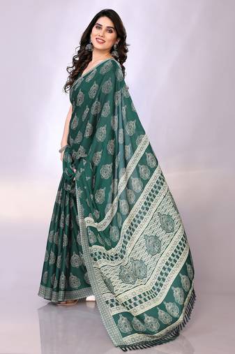 Green embellished poly chiffon  saree with blouse piece