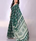Green embellished poly chiffon  saree with blouse piece