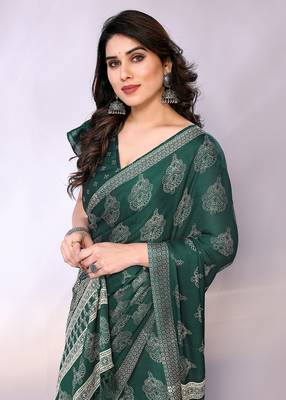 Green embellished poly chiffon  saree with blouse piece 2