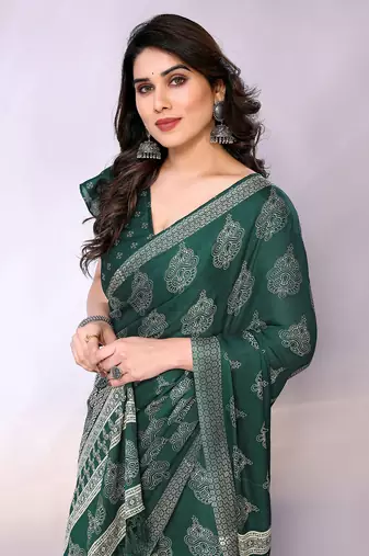 Green embellished poly chiffon  saree with blouse piece