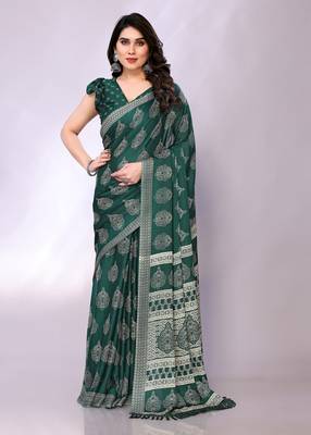 Green embellished poly chiffon  saree with blouse piece 3