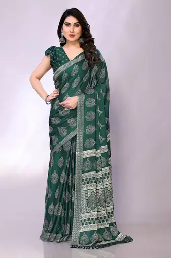Green embellished poly chiffon  saree with blouse piece