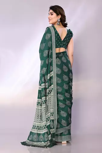 Green embellished poly chiffon  saree with blouse piece