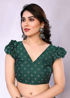 Green embellished poly chiffon  saree with blouse piece 5