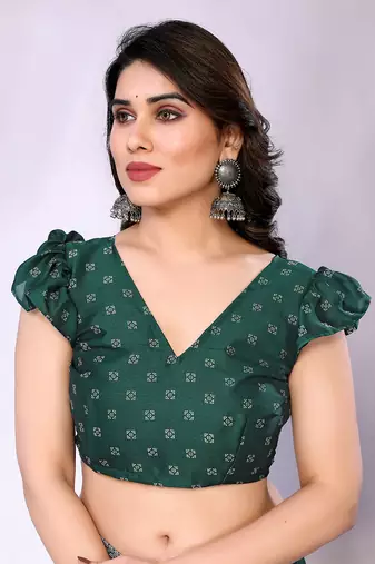 Green embellished poly chiffon  saree with blouse piece