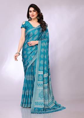 Blue embellished poly chiffon  saree with blouse piece 1