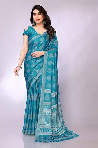 Blue embellished poly chiffon  saree with blouse piece