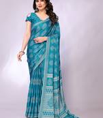Blue embellished poly chiffon  saree with blouse piece
