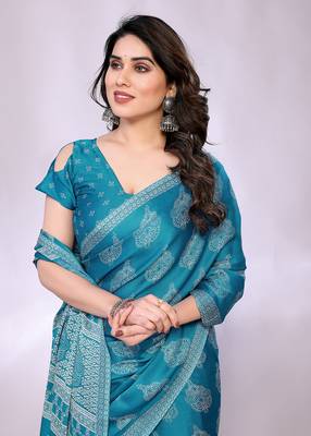 Blue embellished poly chiffon  saree with blouse piece 2