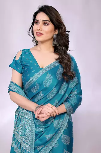 Blue embellished poly chiffon  saree with blouse piece
