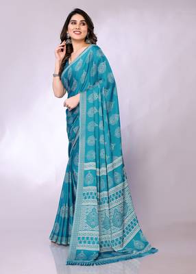 Blue embellished poly chiffon  saree with blouse piece 3