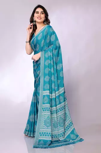 Blue embellished poly chiffon  saree with blouse piece