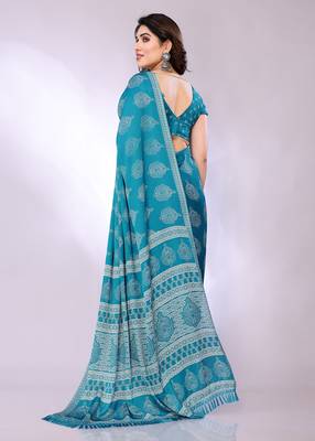 Blue embellished poly chiffon  saree with blouse piece 4