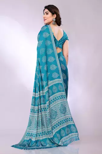 Blue embellished poly chiffon  saree with blouse piece