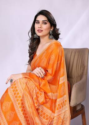 Orange embellished poly chiffon  saree with blouse piece 1