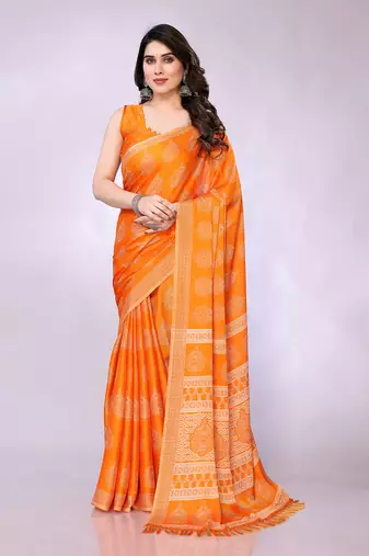 Orange embellished poly chiffon  saree with blouse piece