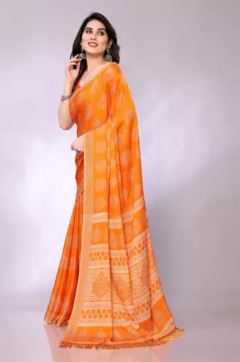 Orange embellished poly chiffon  saree with blouse piece