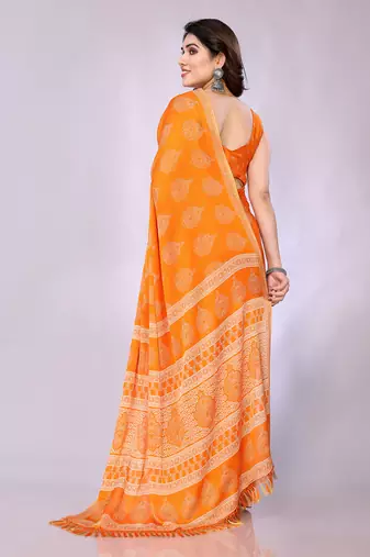 Orange embellished poly chiffon  saree with blouse piece