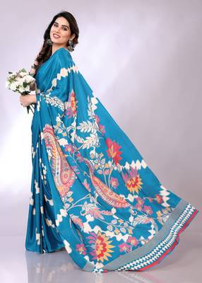Blue embellished poly crepe  saree with blouse piece 1