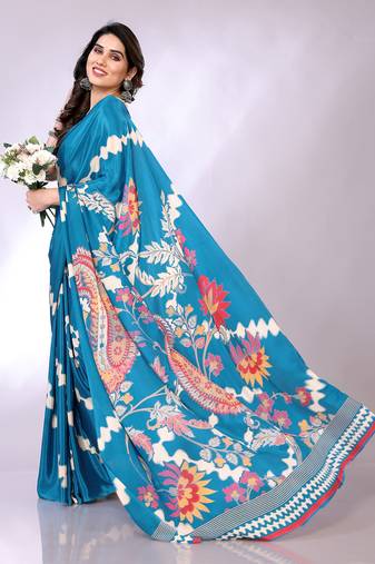 Blue embellished poly crepe  saree with blouse piece