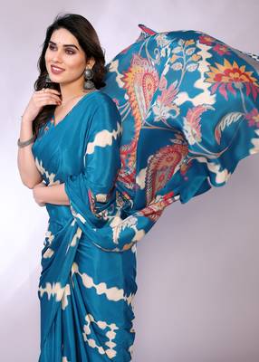 Blue embellished poly crepe  saree with blouse piece 2