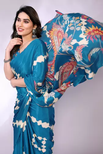 Blue embellished poly crepe  saree with blouse piece