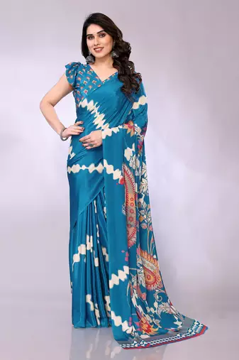 Blue embellished poly crepe  saree with blouse piece