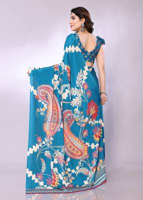 Blue embellished poly crepe  saree with blouse piece 4