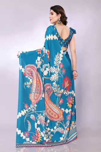Blue embellished poly crepe  saree with blouse piece
