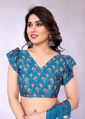 Blue embellished poly crepe  saree with blouse piece 5