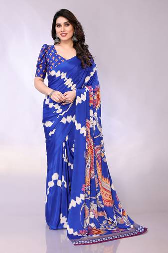 Blue embellished poly crepe  saree with blouse piece
