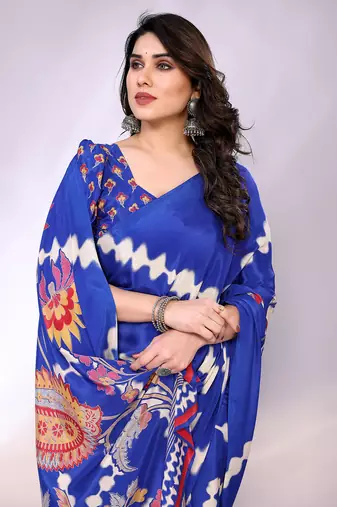 Blue embellished poly crepe  saree with blouse piece