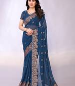 Teal embellished poly georgette  saree with blouse piece