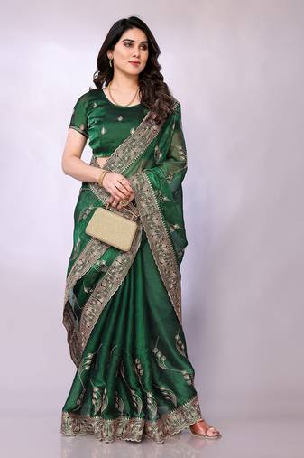 Green embellished poly silk saree with blouse piece