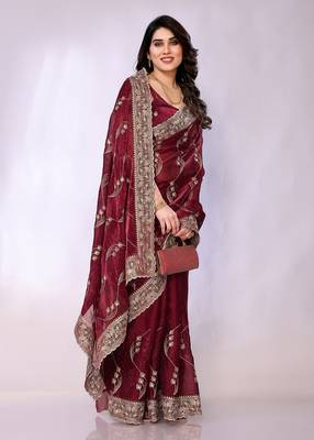 Maroon embellished poly silk  saree with blouse piece 1