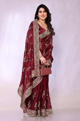 Maroon embellished poly silk  saree with blouse piece