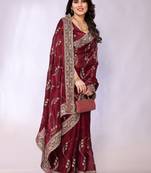 Maroon embellished poly silk  saree with blouse piece