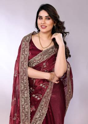 Maroon embellished poly silk  saree with blouse piece 2