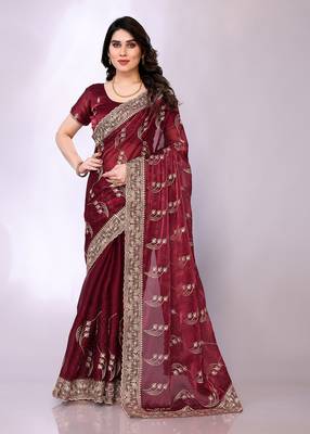 Maroon embellished poly silk  saree with blouse piece 3