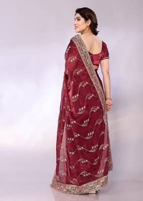 Maroon embellished poly silk  saree with blouse piece 4