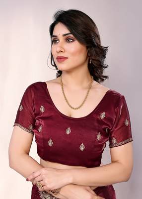 Maroon embellished poly silk  saree with blouse piece 5