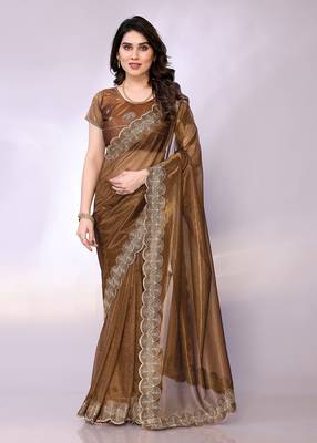 Brown embellished organza  saree with blouse piece 1