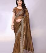 Brown embellished organza  saree with blouse piece