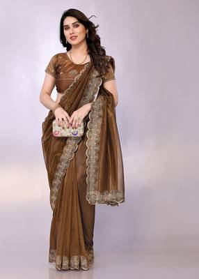 Brown embellished organza  saree with blouse piece 2