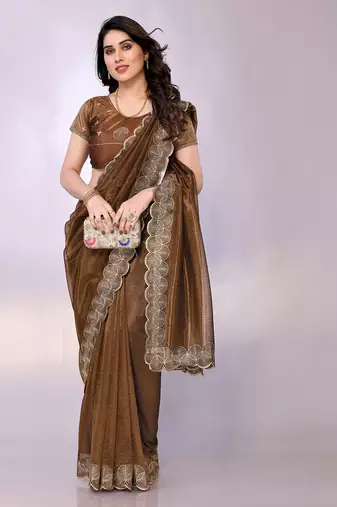 Brown embellished organza  saree with blouse piece