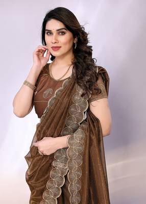 Brown embellished organza  saree with blouse piece 3