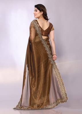 Brown embellished organza  saree with blouse piece 4
